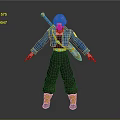 Anime Style Game Character With Purple Hair Blue Jacket Black Pants Yellow Boots And Weapon