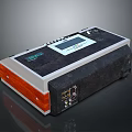 Portable Electronic Appliance With Black Silver Casing Display Screen Control Buttons And Wooden Sides