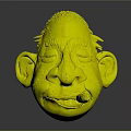Cartoon 3D Character Head With Blue Short Hair Closed Eyes Big Ears And Red Cigar