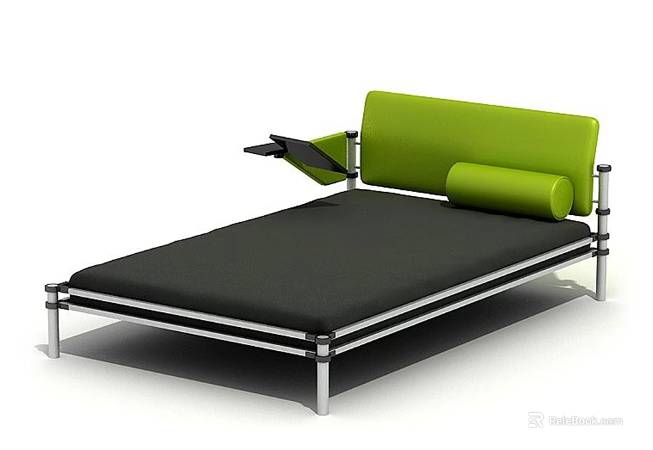 Modern Double Bed With Green Headboard Metal Frame Black Mattress And Foldable Side Tray 3d model 