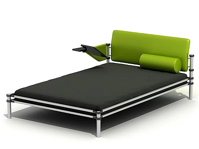 Modern Double Bed With Green Headboard Metal Frame Black Mattress And Foldable Side Tray 3d model