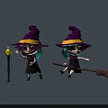 Cute Wizard Characters With Purple Hats Black Dresses Lantern And Broomstick