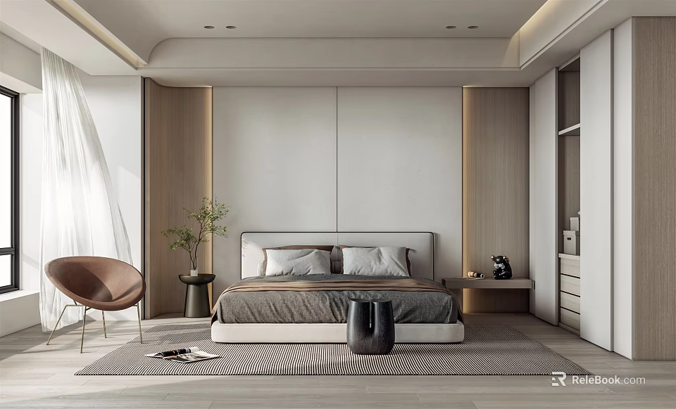 Modern Bedroom Interior Design With Bed Wooden White Backdrop Brown Chair And Neutral Rug 3d model 