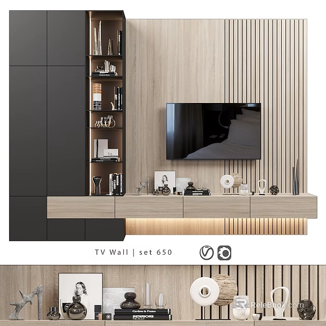 Modern TV Wall Interior Design With Wooden Vertical Panels And Floating Storage Shelves 3d model 
