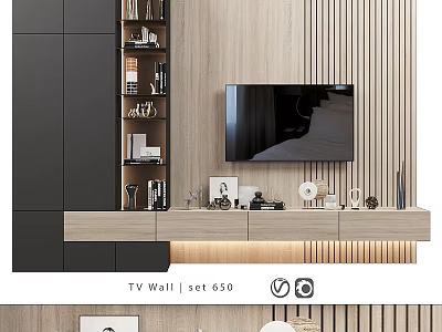 Modern TV Wall Interior Design With Wooden Vertical Panels And Floating Storage Shelves 3d model
