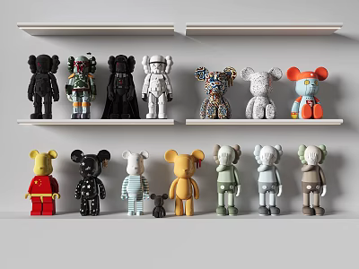 Colorful Decorative Figurine Collection on White Shelves with Various Styles and Designs 3d model