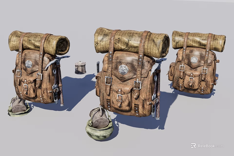Three Brown Leather Backpacks With Straps Water Bottle And Hat Accessories 3d model 