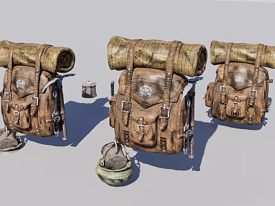 Three Brown Leather Backpacks With Straps Water Bottle And Hat Accessories 3d model