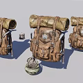 Three Brown Leather Backpacks With Straps Water Bottle And Hat Accessories