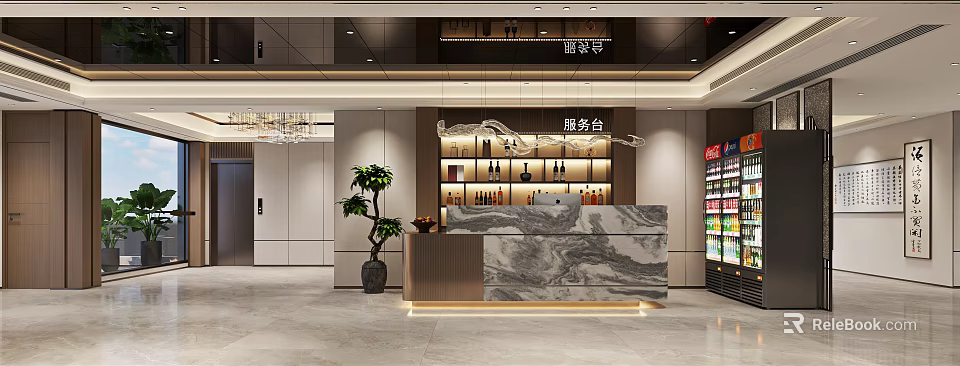 Elegant Modern Restaurant Interior With Marble Service Counter Chandelier And Potted Plant 3d model 