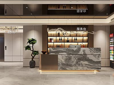 Elegant Modern Restaurant Interior With Marble Service Counter Chandelier And Potted Plant 3d model