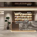 Elegant Modern Restaurant Interior With Marble Service Counter Chandelier And Potted Plant
