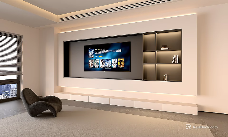 Modern Wall Mounted TV Stand With Built In Storage Shelves And Ambient Lighting 3d model 
