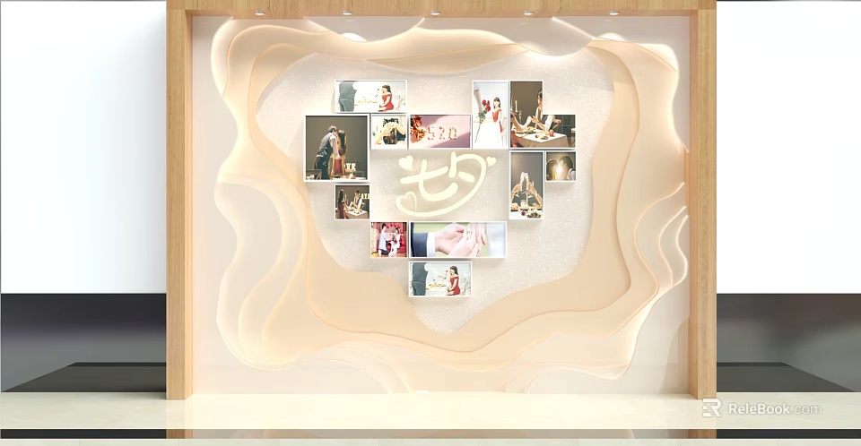 Wavy Beige Background Wall With Decorative Photos And Art Character Wooden Frame 3d model 