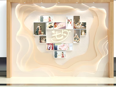 Wavy Beige Background Wall With Decorative Photos And Art Character Wooden Frame 3d model