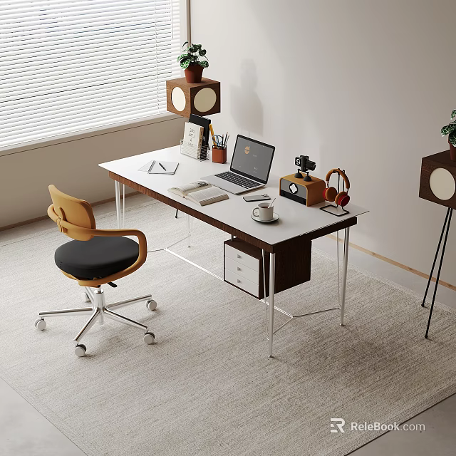 Modern Home Office Desk With Laptop Books Stationery Cup Speakers And Potted Plant Chair 3d model 