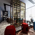 Modern Office Interior With Walnut Desk White Vases Blue Beige Chairs Computer Monitor And Bookshelf
