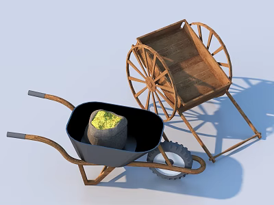 Practical Household Supplies Including Wooden And Black Wheelbarrows With Yellow Material And Sturdy Wheels 3d model