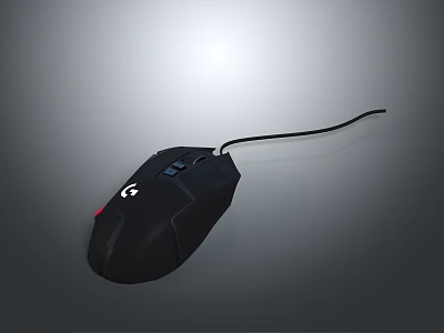 Black Wired Gaming Mouse With G Logo On Gray Background Surface Design 3d model