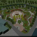 Elegant Park Landscape with Circular Plaza Pavilion Trees and Flower Paths