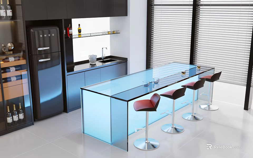 Modern Kitchen Bar Counter With Glass Top And Red Seat Bar Stools 3d model 