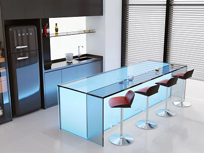 Modern Kitchen Bar Counter With Glass Top And Red Seat Bar Stools 3d model