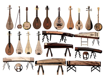 Traditional Musical Instruments Collection Including Pipa Ruan Liuqin Guzheng With Ancient Style And Neat Arrangement 3d model
