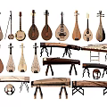 Traditional Musical Instruments Collection Including Pipa Ruan Liuqin Guzheng With Ancient Style And Neat Arrangement