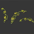 Golden Flowering Plants with Curved Silver Vines on Black Background and Shiny Reflections