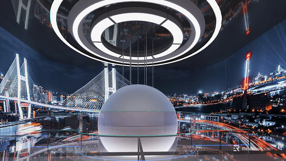 Modern Exhibition Hall Interior With Circular Lighting Large Sphere Display And City Night View 3d model 