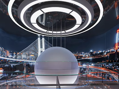 Modern Exhibition Hall Interior With Circular Lighting Large Sphere Display And City Night View 3d model