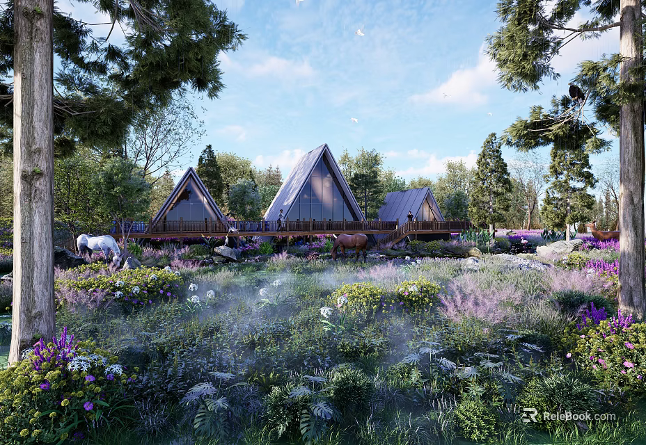 Scenic Wooden Cabins With Triangular Roofs Amidst Lush Trees and Flower Meadow 3d model 