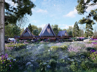 Scenic Wooden Cabins With Triangular Roofs Amidst Lush Trees and Flower Meadow 3d model