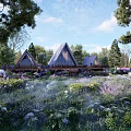 Scenic Wooden Cabins With Triangular Roofs Amidst Lush Trees and Flower Meadow
