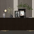 Modern Wooden Entryway Cabinet And Sideboard With Decorative Vase Green Plant Photo Frame Marble Top