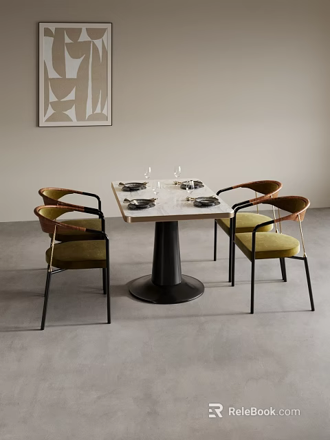 Modern Green Upholstered Dining Chairs With Metal Frames And Round Marble Table 3d model
