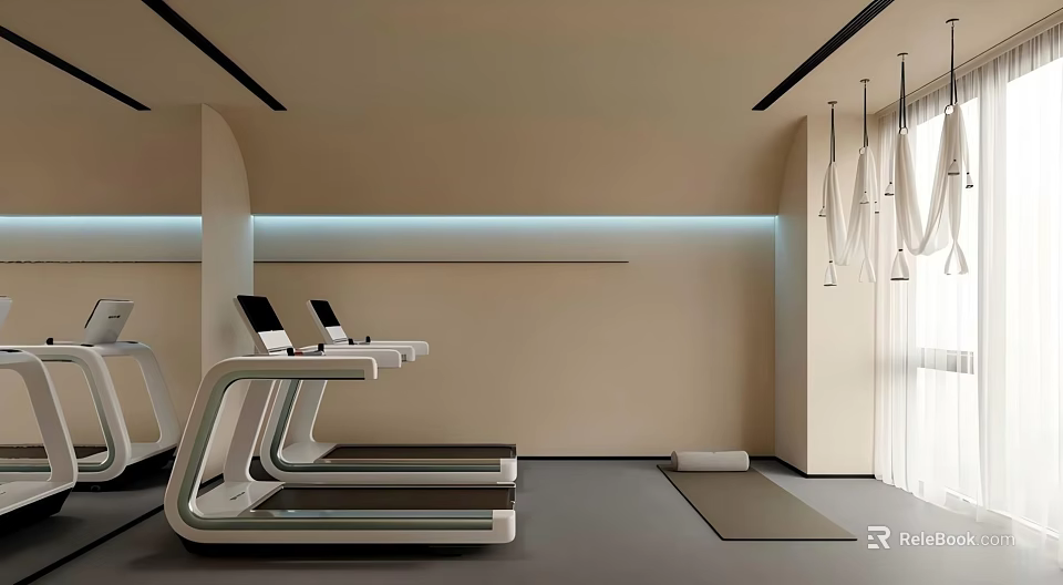 Modern Fitness Gym Interior With Treadmills And Yoga Mat For Effective Workout Sessions 3d model 