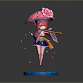 Game and Movie Character with Pink Umbrella Pink Hair Kimono Outfit Staff and Falling Petals