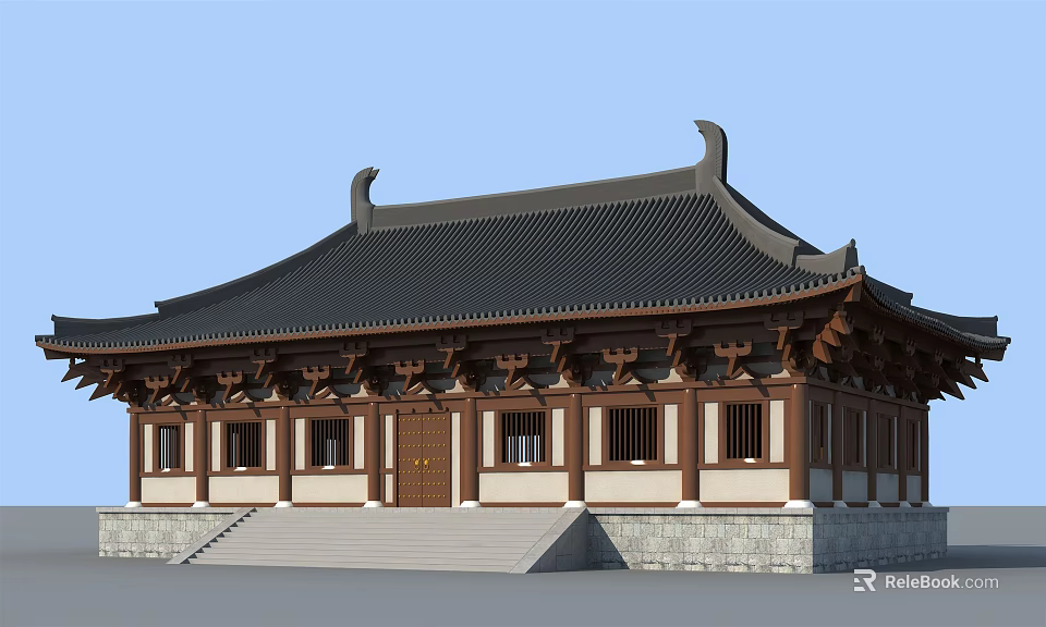 Traditional Chinese Ancient Architecture with Black Tiled Roof Overhanging Eaves Carved Decorations and Wooden Structure 3d model 