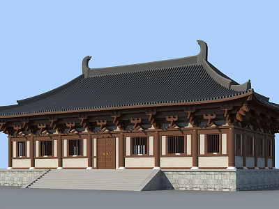 Traditional Chinese Ancient Architecture with Black Tiled Roof Overhanging Eaves Carved Decorations and Wooden Structure 3d model