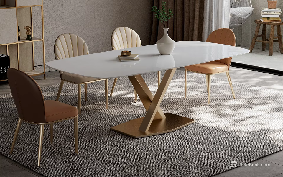 Dining Table Set With White Tabletop Golden X Shaped Legs And Shell Back Chairs 3d model