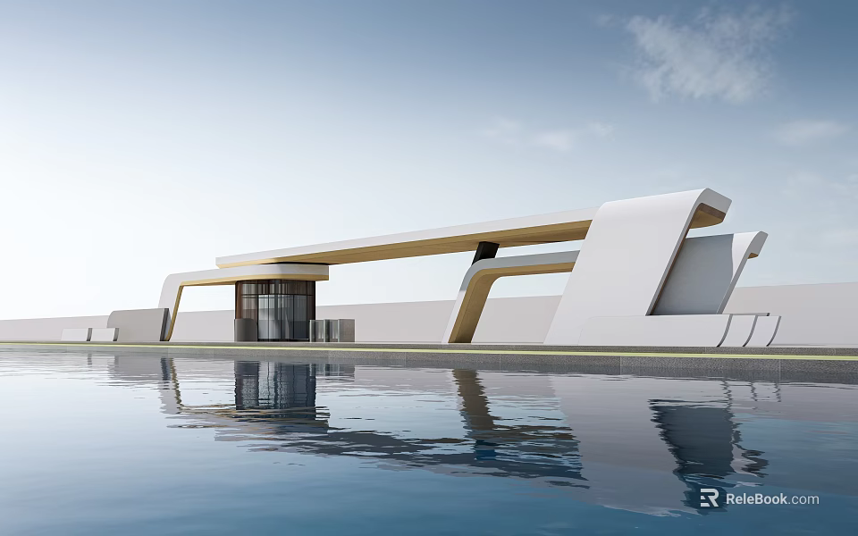 Modern White Entrance Gate With Glass Panels Pool Reflection And Sleek Design 3d model 