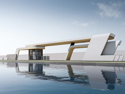 Modern White Entrance Gate With Glass Panels Pool Reflection And Sleek Design 3d model