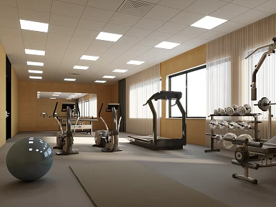 Spacious Gym Interior With Bright Windows Various Fitness Equipment Treadmill Dumbbells And Exercise Ball 3d model