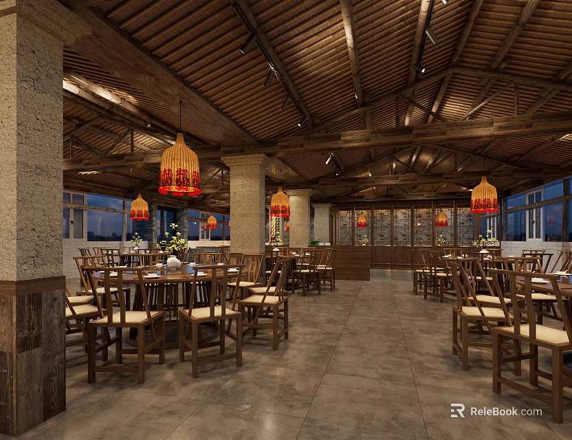 Traditional Restaurant Interior With Wooden Ceiling Stone Pillars Round Tables And Red Lantern Pendant Lights 3d model 