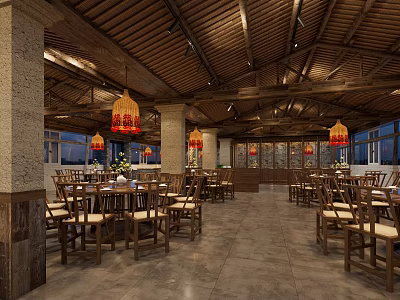 Traditional Restaurant Interior With Wooden Ceiling Stone Pillars Round Tables And Red Lantern Pendant Lights 3d model