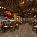 Traditional Restaurant Interior With Wooden Ceiling Stone Pillars Round Tables And Red Lantern Pendant Lights