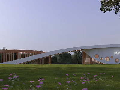Modern Curved Entrance Gate With White Roof Wooden Structure Circular Windows Green Lawn Purple Flowers 3d model