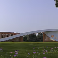 Modern Curved Entrance Gate With White Roof Wooden Structure Circular Windows Green Lawn Purple Flowers