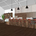 Spacious Café Interior With Arched Ceiling Hanging Pendant Lights Wooden Long Tables And Shelves